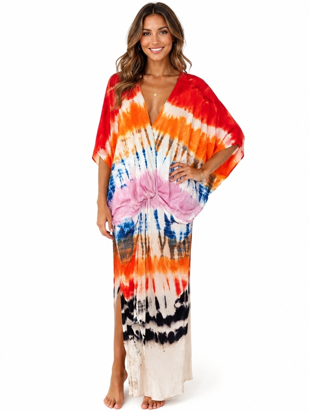 YFB Tie-Dye V-Neck Kimono Sleeve Maxi Dress Large